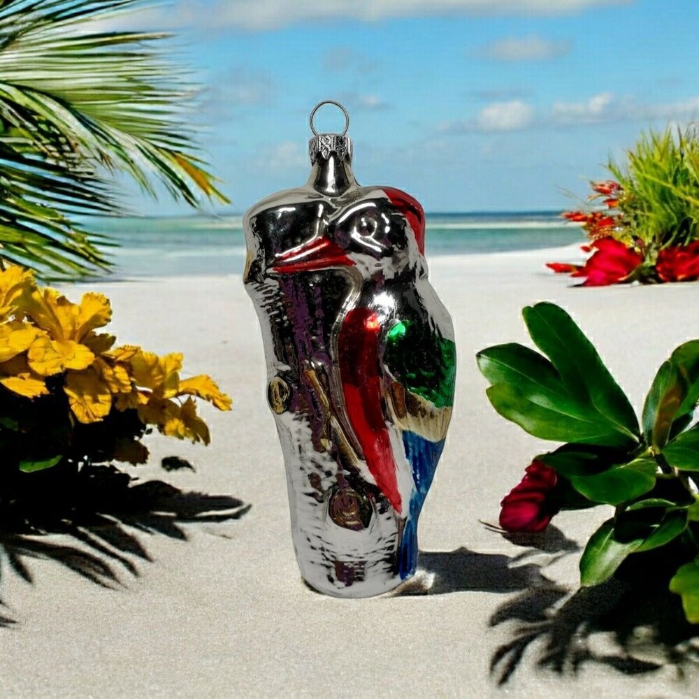 Vintage Woodpecker Bird on Tree Trunk Christmas Ornament Germany 4.5"